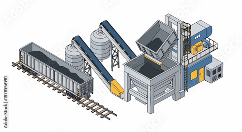 Isometric Industrial Coal Mining and Mineral Processing Plant with Railway Logistics and Conveyor System