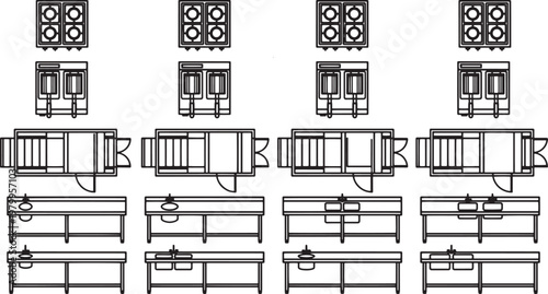 Top view drawings of a set of commercial kitchen layouts, showcasing essential equipment. The image highlights the functionality and layout of a professional culinary workspace, essential for cooking.