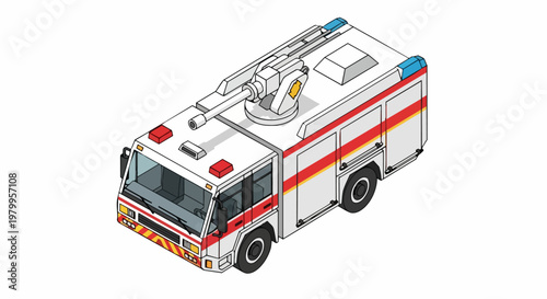 Isometric Fire Truck Vector Illustration - Airport Crash Tender Emergency Vehicle with Water Cannon