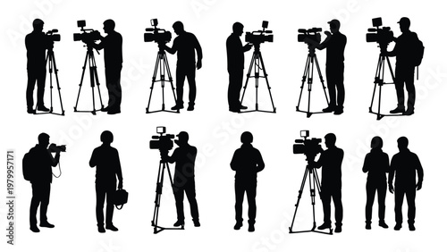 A collection of silhouette figures depicting various television and film crew members operating cameras and equipment high quality professional detailed modern