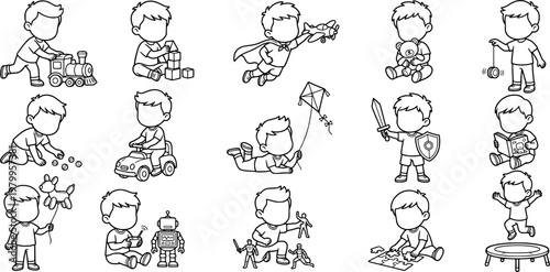 Faceless boy playing with various toys outline illustration set