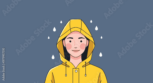 Woman in yellow raincoat under raindrops on blue background illustration