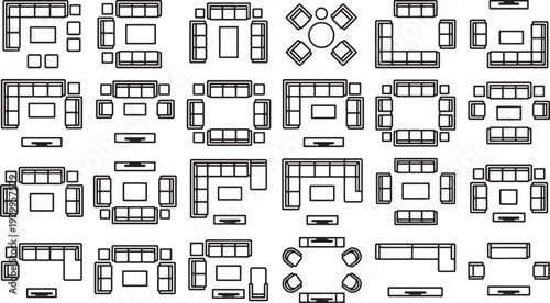 A detailed grid showcasing various interior design layouts featuring stylish seating arrangements for living rooms and lounges.