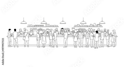 Illustration of a large crowd gathered in front of a grand building.