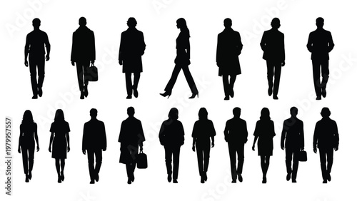 A collection of black silhouettes depicting diverse people walking in various directions representing a busy urban scene high quality professional detailed