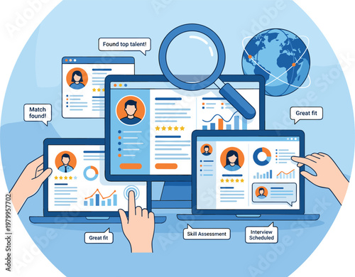 Online recruitment and candidate screening concept with resume profiles magnifying glass talent search and hiring process illustration.eps