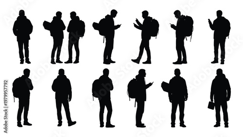 A collection of silhouette figures depicting diverse people walking and standing many with backpacks in varying poses high quality professional detailed