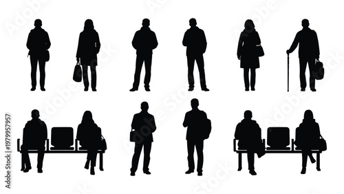 A collection of black silhouette figures depicting people standing walking and seated in a public space high quality professional detailed modern
