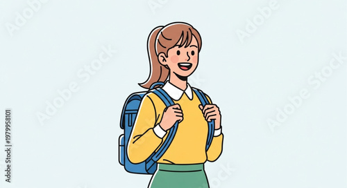 Happy schoolgirl with backpack ready for education and learning.