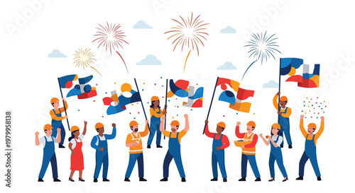 Diverse group of people celebrating with flags and fireworks on a festive day