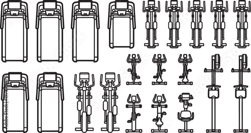 Top-down view of various exercise machines, ideal for illustrating gym layouts and fitness concepts. 