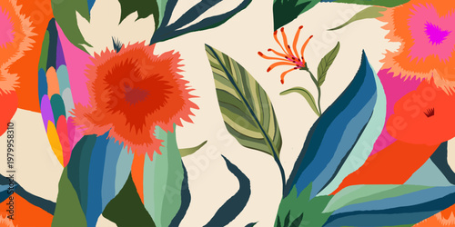 Abstract geometric fantasy flowers pattern. Dynamic bold print. Hand drawn unique template for design. 