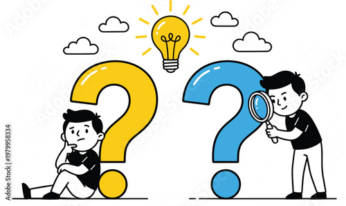 Problem solving and idea discovery concept with question marks thinking person and innovation light bulb creative illustration.eps