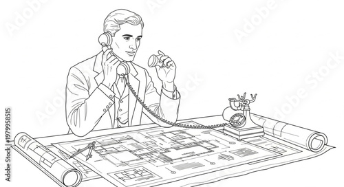 Historical figure examining blueprints with a focused expression and intent.