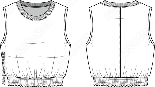 White Cropped Sleeveless Sweatshirt Vest Technical Sketch Front and Back View Fashion Flat Vector Template for Women Apparel Design Mockup