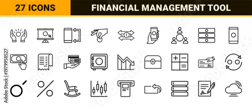 Money and finance outline icons for banking and payments