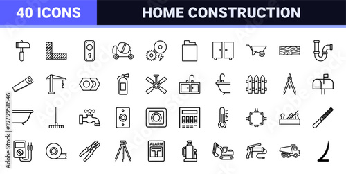 Construction and home repair minimalist outline icon set for building industry.