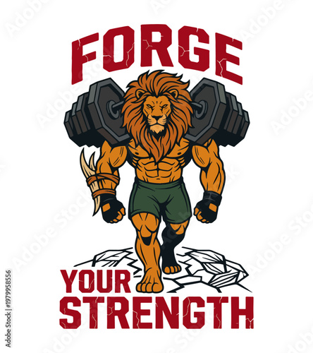 Mascot anthropomorphic lion bodybuilder lifting heavy weights with muscular physique showing intense determination for fitness and sports inspiration vintage gym t-shirt design