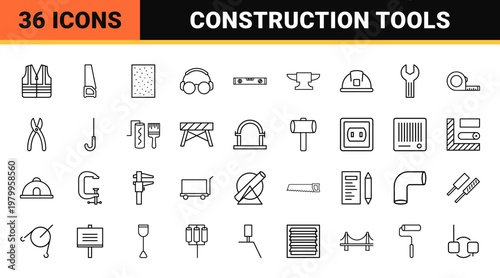 Construction and DIY tools minimalist outline icon set