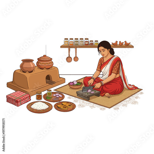 A traditional Bengali woman sitting on the floor and cutting vegetables with a boti in a rural kitchen setting near a clay stove and earthen pots for preparing Pohela Boishakh festival feast meal.