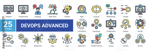Advanced DevOps icon set including agile team,cloud saas,configuration,workflow integration and continuous improvement for scalable software engineering and system architecture