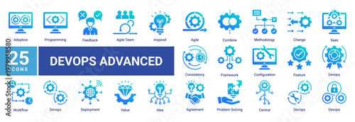 Advanced DevOps icon set including agile team,cloud saas,configuration,workflow integration and continuous improvement for scalable software engineering and system architecture