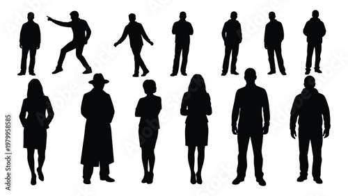 A collection of black silhouettes depicting a diverse group of people in various poses and clothing styles high quality professional detailed