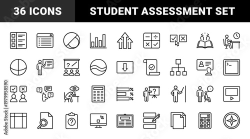 Academic exam and education line icons for testing and student assessment