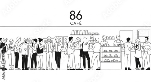 Illustration of a busy cafe with people queuing.