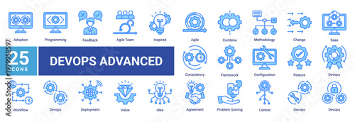 Advanced DevOps icon set including agile team,cloud saas,configuration,workflow integration and continuous improvement for scalable software engineering and system architecture