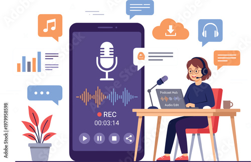 Podcast recording and audio streaming concept with host speaking microphone mobile app media production and digital broadcasting illustration