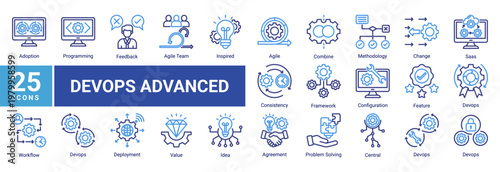 Advanced DevOps icon set including agile team,cloud saas,configuration,workflow integration and continuous improvement for scalable software engineering and system architecture