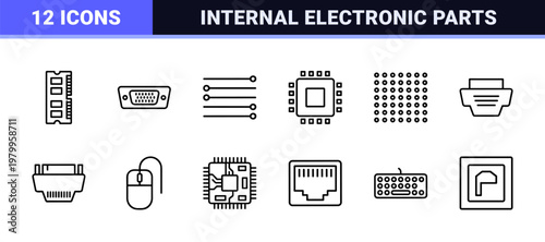 Minimalist computer hardware and electronic component line icon set.