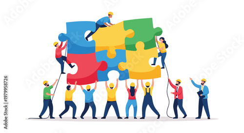 Diverse team working together to assemble a large puzzle