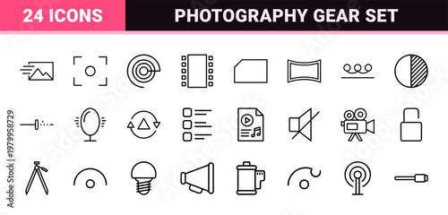 Multimedia Photography and Video Content Creation Line Icons.