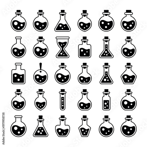 Set of magic potion bottle icons black silhouette vector collection featuring alchemical flasks, glass vials, and apothecary jars for fantasy game design