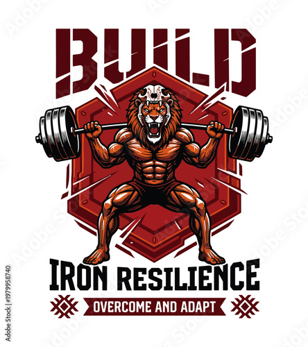 Muscular anthropomorphic lion with a skull headdress powerfully lifting a heavy barbell in a gymthemed illustration symbolizing strength and determination vintage gym t-shirt design