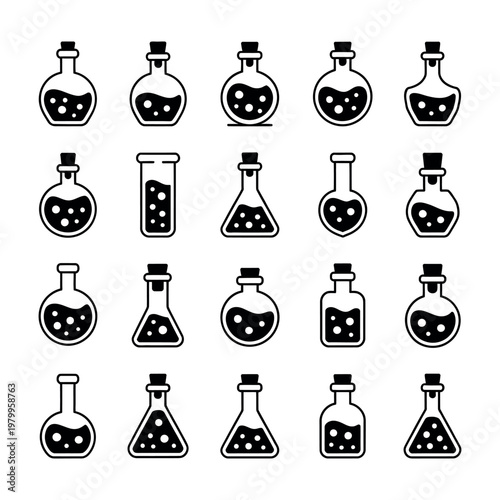 Set of magic potion bottle icons black silhouette vector collection featuring alchemical flasks, glass vials, and apothecary jars for fantasy game design