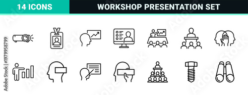 Workshop and presentation line icon set for business training