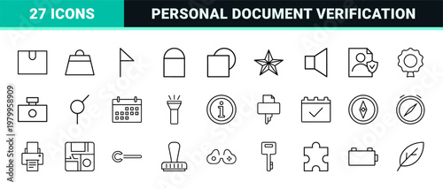 Business profile and document verification line icon set
