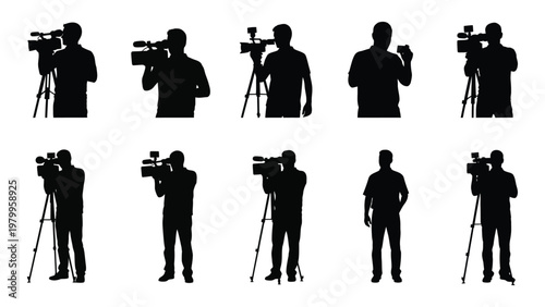 A collection of silhouettes depicting various camera operators and videographers using professional equipment on tripods high quality detailed modern elegant stylish