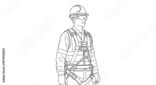 Illustration of a construction worker wearing a safety harness and hard hat.