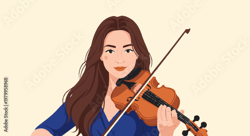 Woman playing violin with a bow vector illustration against a light background