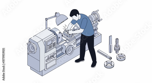 Industrial Machinist Operating a Metal Lathe Machine Isometric Vector Illustration, Precision Metalworking and Engineering Concept
