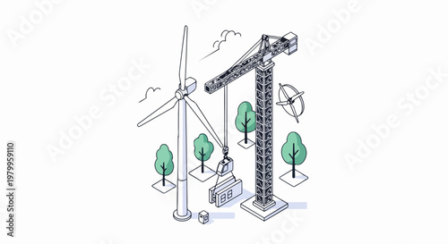 Isometric Green Energy Construction Site with Wind Turbine, Crane, and Sustainable Modular Building Concept Illustration