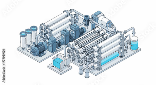 Isometric Illustration of Industrial Water Purification System and Filtration Plant with Pipes and Pumps for Clean Water Treatment and Desalination Technology
