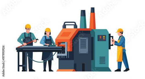 Industrial workers operating heavy machinery and manufacturing equipment in a factory setting