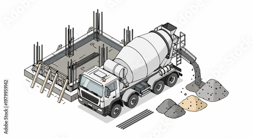Isometric Concrete Mixer Truck Pouring Cement at a Construction Site Foundation, 3D Vector Illustration for Civil Engineering and Architecture