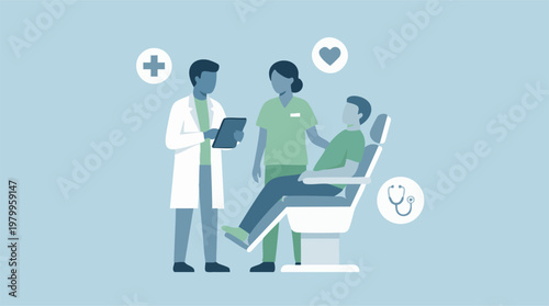 Medical staff consulting with a patient in a clinic, healthcare illustration.