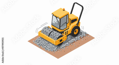 Isometric Yellow Road Roller Compacting Gravel, 3D Vector Illustration of Construction Machine for Infrastructure and Building Projects
